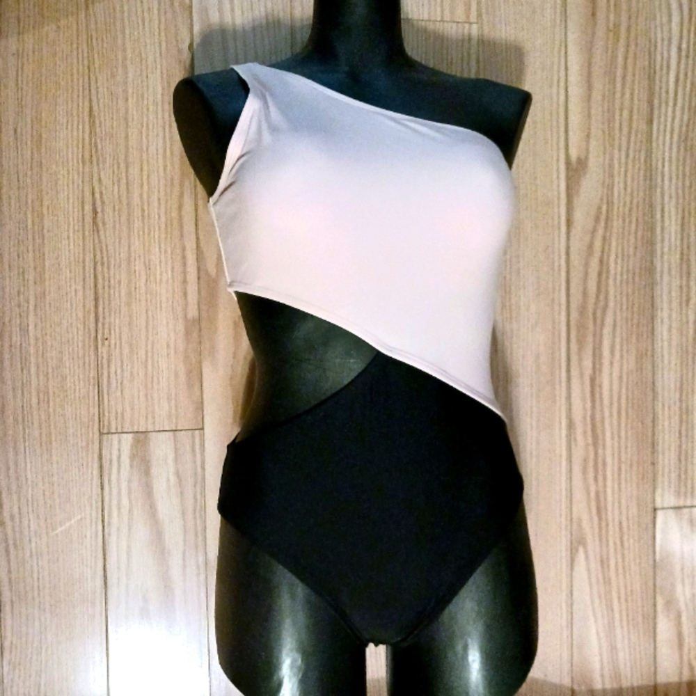 Womens cut out one piece one shoulder Pink and black Swimsuit